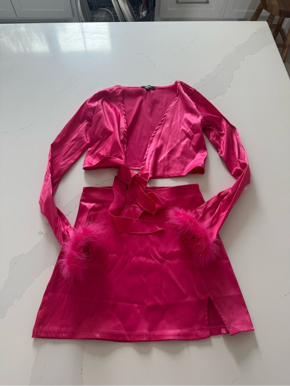 Poster girl Women's Hot Pink Satin Mini Skirt Set with Feather Cuffs
